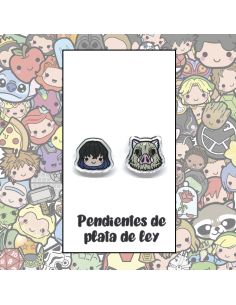 Pendientes Plata - Niño Jabalí Cazador Demoniaco Kawaii - Joyería Artesanal