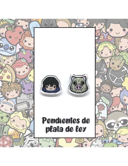 Pendientes Plata - Niño Jabalí Cazador Demoniaco Kawaii - Joyería Artesanal